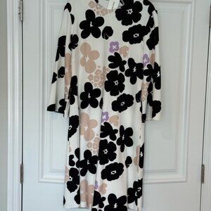 Marimekko Black, Tan, Lilac and White Floral Midi Dress NWT